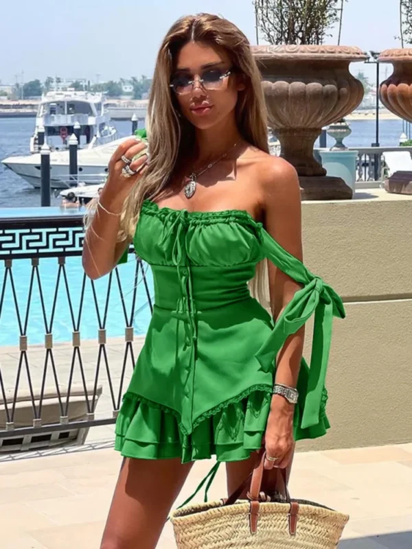 Mozision Sleeveless Ruffled Sexy Mini Dress For Women Robe Spaghetti Strap Backless Lace-up Bodycon Dress Elegant Clubwear - Imagen 3