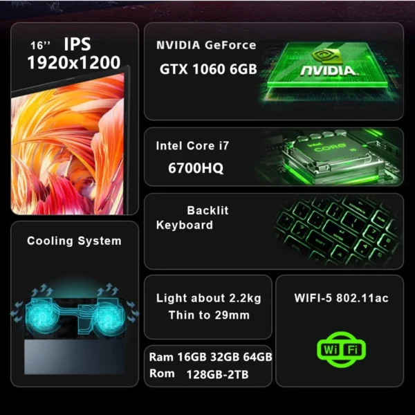16" Gaming Laptop intel Core i7-6700HQ GTX 1060 IPS 1920*1200 Notebook PC Gamer 16GB DDR4 1TB SSD Windows 11 Pro Laptop Computer - Imagen 2