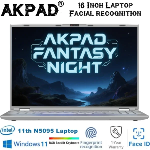 Facial Recognition Intel Notebook N5095 16" Laptop 16GB 32GB RAM Max 2TB ROM Windows 11 Pro Wifi 5 BT 4.2 RGB Keyboard Face ID