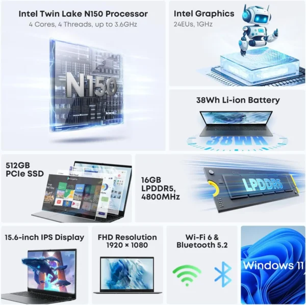 CHUWI GemiBook Plus Laptop 15.6'' FHD 1920x1080 16GB LPDDR5 512GB SSD Intel N100/N150 Alder Lake WiFi 6 Windows 11 Laptops - Imagen 2