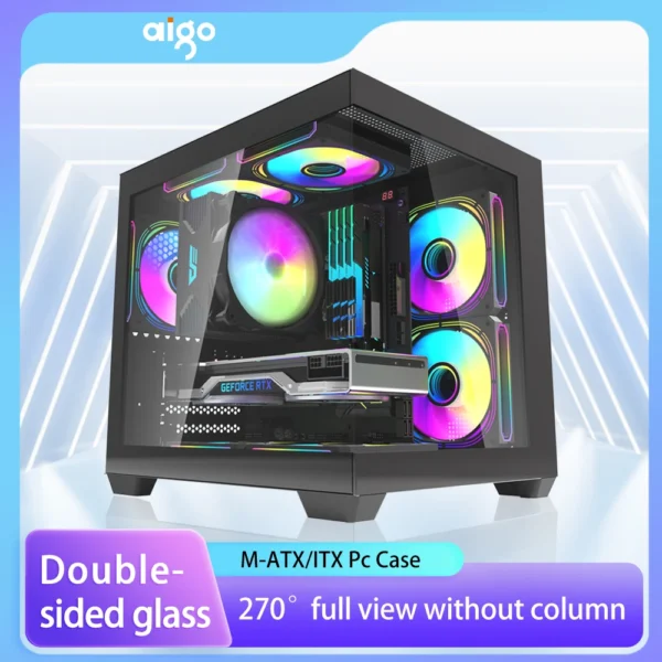 Aigo 275P PC Case Sea View Room Gaming Computer Desktop M-ATX ITX Motherboard Double-Sided Tempered Glass PC Gamer Cabinet