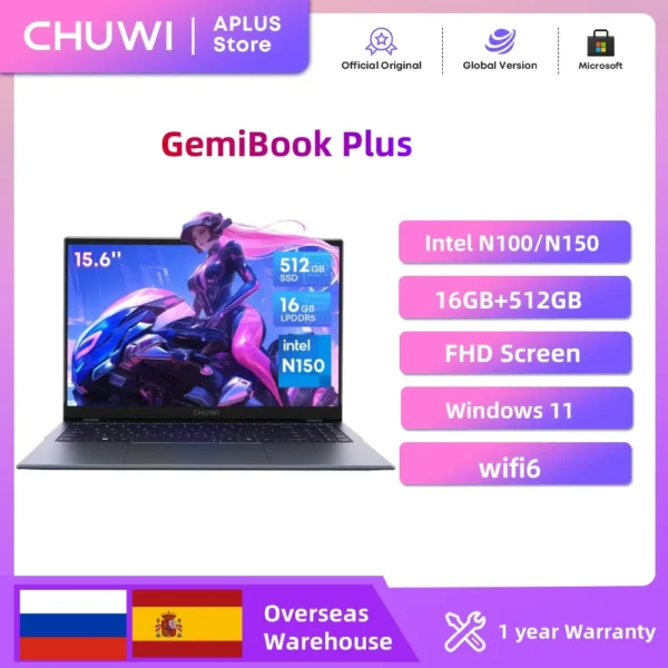 CHUWI GemiBook Plus Laptop 15.6'' FHD 1920x1080 16GB LPDDR5 512GB SSD Intel N100/N150 Alder Lake WiFi 6 Windows 11 Laptops