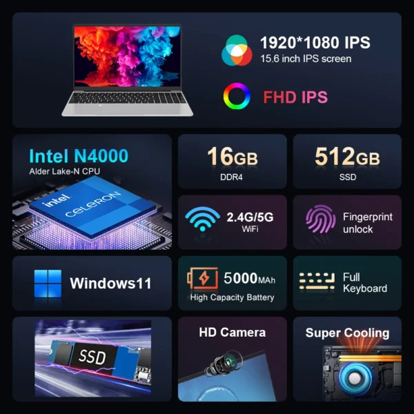 15.6 inch IPS Laptop Computer Intel Celeron N4000 Notebook PC Fingerprint Unlock Windows 11 Pro 16GB DDR4 1TB 2TB SSD Laptops - Imagen 2