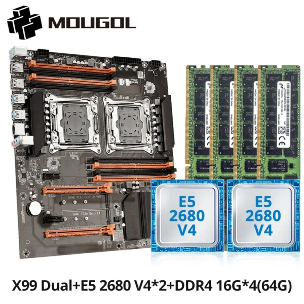 MOUGOl X99 Dual CPU Gaming Motherboard Set lntel Xeon E5 2680 V4&DDR4 64GB (4*16GB) LGA2011-3 M.2 NVME for Server Computer Host
