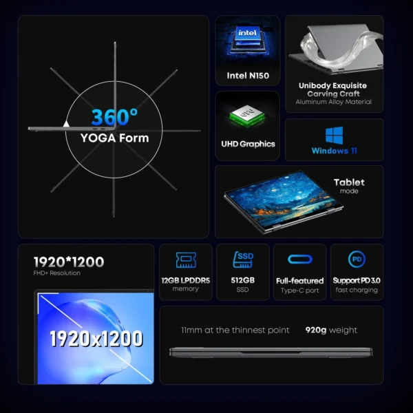 CHUWI MiniBook X Laptop Tablet 2 In 1 Intel N150/N100 10.51" FHD IPS Screen 16GB / 12GB RAM LPDDR5 512G SSD Windows 11 Notebook - Imagen 4