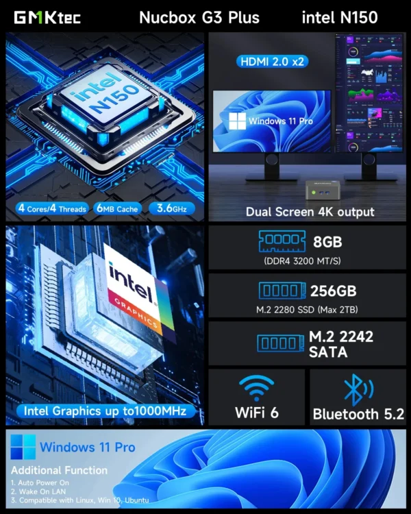 2025 GMKtec G3 Plus Mini PC Intel Twin Lake N150 DDR4 16GB 512GB NVMe SSD WiFi 6 BT5.2 Win11 Pro Desktop Office Gaming Computer - Imagen 4