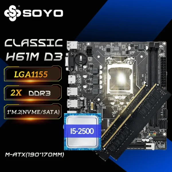 SOYO H61 Gaming Motherboard Kit with Intel LGA1155 CPU i5 2500 DDR3 (8GB*2) 16G Memory M.2 SATA Desktop Computer components