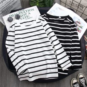 Women Loose Long Sleeve Striped Tee Shirt Spring O-Neck Casual Cotton T-shirt Lady Casual Basic Korean Black White Tops