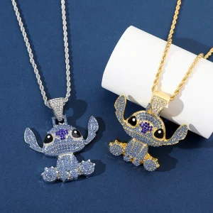Lilo and Stitch Hip Hop Necklace Kawaii Stitch Full Rhinestones Pendant Necklace Fashion Jewelry Disney Anime Neck Chains Gifts