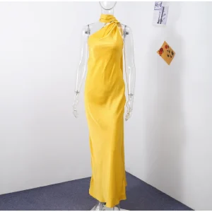 Elegant Ribbon Halter Dress Women Solid Off Shoulder Sleeveless Backless Slim Maxi Dresses 2025 Summer Autumn Party Robes Lady